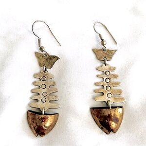 Articulated Mexico Silver & Gold Tone Fishbone Earrings